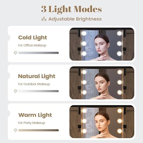 AOGLLATI Makeup Vanity with Lights & Barn Doors, Vanity Desk with Mirror and Lights & Charging Station, Farmhouse Brown Vanity Table with Jewelry Hooks and Open Storage Shelves thumbnail 4