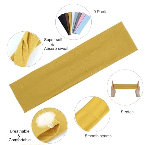 9Pcs Headbands for women Non Slip Headband, Soft Elastic Hair Bands for Women's Hair, Fashion Cotton Cloth Stretchy Sweat Bands Headbands for Sports, Makeup, Gym, Running, Yoga, Workout (9Colors-A) thumbnail 3