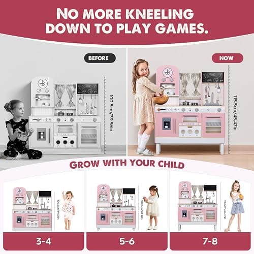 EDUBEBO Kids Kitchen playset, Wooden Play Kitchen, Height Adjustable, Comes with Various Kitchen Accessories, Ideal Role Play Toy Gift for Toddlers and Kids Ages 3-8 (Pink) thumbnail 3
