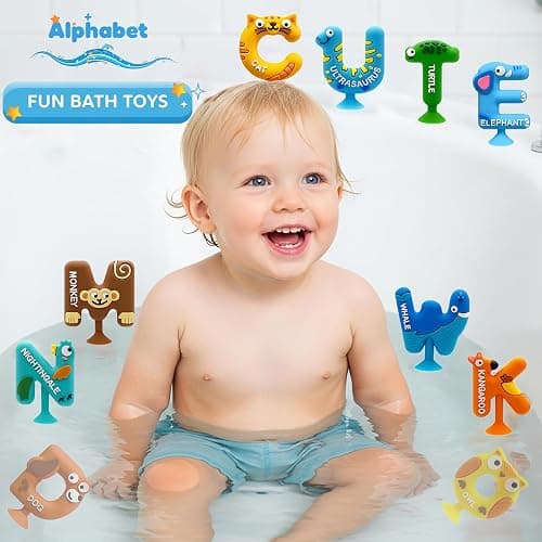 Mold Free Suction Bath Toys for Kids 26PCS, Bathtub Silicone ABC Alphabet Educational Montessori Sensory Toys for Baby/Toddlers, No Hole Animal & Letters Learning Toy with Storage Net for Autism/ADHD thumbnail 3