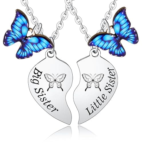 2PCs Heart Pendant Necklace Set - Matching Big Sis & Lis Sis Gifts for Sisters - Butterflies, Perfect for Christmas & Birthday - Image 1