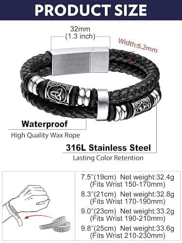 Bandmax Mens Leather Bracelet, Viking Jewellery Black Braided Rope Wristband for Men, Stainless Steel Beaded Double Layer Leather Cord thumbnail 4