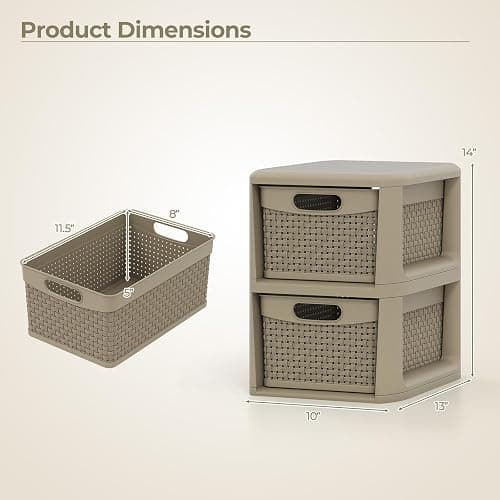 Giantex 2-Drawer Storage Organizer, Plastic Wicker Tower Baskets, Counterop & Under-desk Compact Container Boxes for Office, Bedroom, Bathroom, Living Room, Taupe thumbnail 3