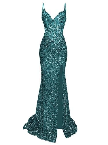 HANVAIOS Sparkly Prom Dresses Long Sequin Mermaid Spaghtti Straps Lace Applique Corset Ball Gown - Image 1