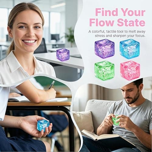 4 Pack Glitter Ice Cube Squishy Fidget Toys, Squishy Cube Stress Balls for Adults & Kids, Slow Rising Stress Relief Toys, Squeeze Ball Filled with Thick Substance and Glitter thumbnail 5