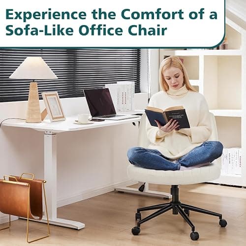 OLIXIS Criss Cross Chair with Wheels Wide Cross Legged Office Desk Vanity Chair Comfy Fabric Armless Adjustable Swivel for Home Computer Task Fabric Beige thumbnail 3