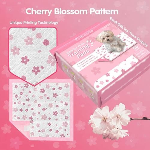 Cibaabo Pink Puppy Pads with Adhesive Tabs 22x22in 50 Count Absorbent | Cute Cherry Blossom Design | Dog Potty Training Pee Pads | Leak-Proof | Quiky-Dry | for Puppies, Small Dogs, Cats, Rabbits thumbnail 5