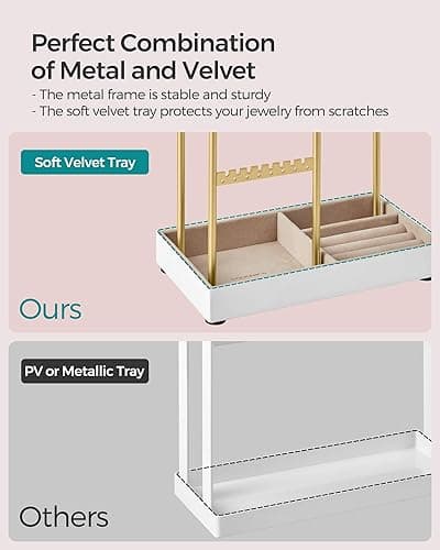 SONGMICS Jewelry Holder, Jewelry Organizer, Jewelry Display Stand with Metal Frame, Velvet Tray, Necklace Earring Bracelet Holder, for Studs, Rings, Gift Idea, Pale Gold UJJS021A01 thumbnail 7