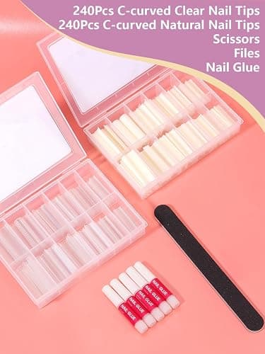 480PCS Extra Long C Curve Nail Tips and Glue, 2 Packs Natural and Clear Acrylic for Nails Professional Set, 12 Sizes Artificial Straight Square French False Nail Tips thumbnail 6