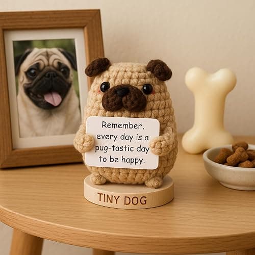 Pug Gifts for Pug Lovers - Tiny Positive Crochet Animal with 30 Uplifting Signs for Dog Owners - Funny and Cute Emotional Support Presents Idea for Mothers Day - Dog Mom Gift for Women Birthday thumbnail 2
