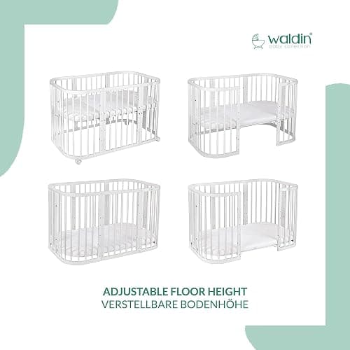 Waldin Babybett aus Holz 7in1 mit Matratze, Mitwachsendes Kinder-Bett, Belüftet, Boden 5-Fach Verstellbar, All-Inclusive-Set, Holz Weiß, Stoffe Lachs - Holz Weiß - Stoffe Lachs thumbnail 7