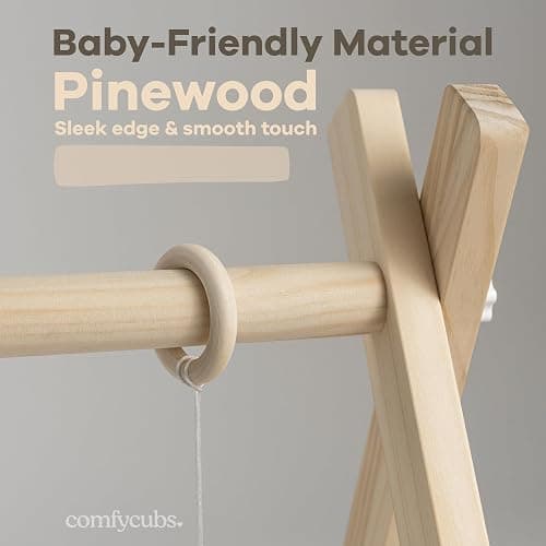 Comfy Cubs Wooden Baby Play Gym - Natural Finish Pinewood Baby Activity Gym with 5 Sensory Hanging Toys - Easy No-Tool Assembly, Safe and Durable for Infant Motor and Visual Development - Natural Wood thumbnail 6