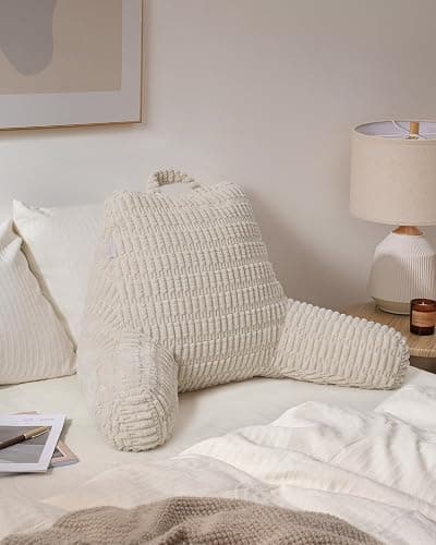 Blissful Diary Reading Pillow, Backrest Pillow with Shredded Memory Foam for Adult & Children, Designed for Bed and Couch Sitting Up, Includes Arms, Pockets and Washable Cover, Off White thumbnail 7