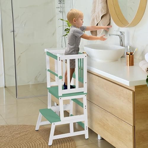 COSYLAND Kids Kitchen Step Stool, Toddler Standing Tower with CPC Certification, Removable Anti-Drop Railing Safety Rail, Anti-tip Stable Toddler Standing Tower - Green & White thumbnail 7