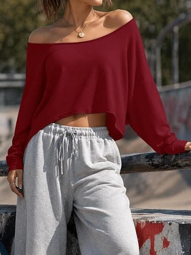 Women’s Off the Shoulder Crop Tops Long Batwing Sleeve Boat Neck Shirts | Loose Fit, Workout Basic Tees, Solid Color, Soft Comfortable, Oversized, Y2K, 2026 Fall Trendy, Stretchy, Sexy, Lightweight thumbnail 4