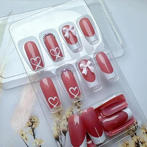 YKZFUI French Tip Press on Nails with Charms Medium Fake Nails White French Nails Press ons Cute Bow Stick on Nails Long Square Shape Acrylic Nails Heart Nails Rhinestones Nails for Women Daily Wear thumbnail 7