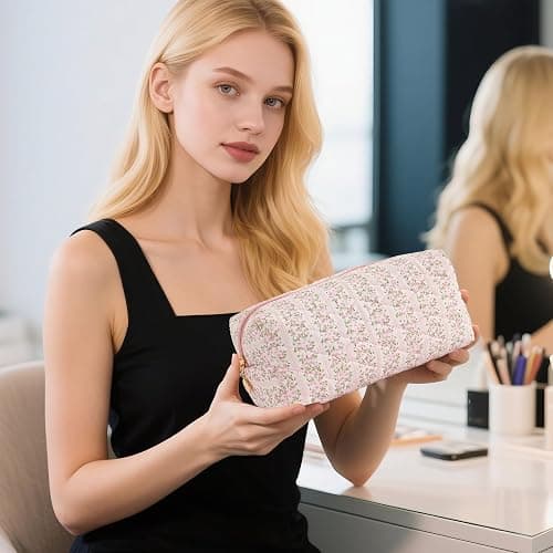 UUYUUY Makeup Bag Travel Toiletry Bag for Women, Small Cosmetic Bags Cute Quilted Cotton Makeup Pouch for Purse Emergency Bag Pencil Case Accessory Bag, Pastel Pink thumbnail 2