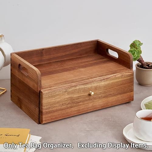 SARUFO Acacia Wood Tea Bag Organizer with Drawer - Tea Station Chest and Storage Box, Coffee and Teabag Holder with 8 Compartments, Containers and Boxes for Countertop Display thumbnail 4