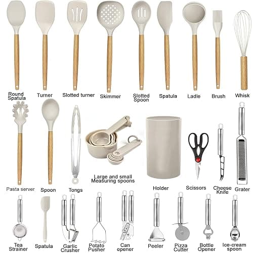 Kitchen Utensils Set- 35 PCs Cooking Utensils with Grater,Tongs, Spoon Spatula &Turner Made of Heat Resistant Food Grade Silicone and Wooden Handles Kitchen Gadgets Tools Set for Nonstick Cookware thumbnail 2