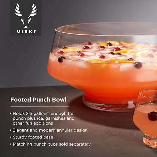 Viski Glass Punch Bowl with Footed Base, Large Modern Punch Bowl for Parties, Serveware for Cocktails, Sangria, Clear, 2.5 gal thumbnail 4