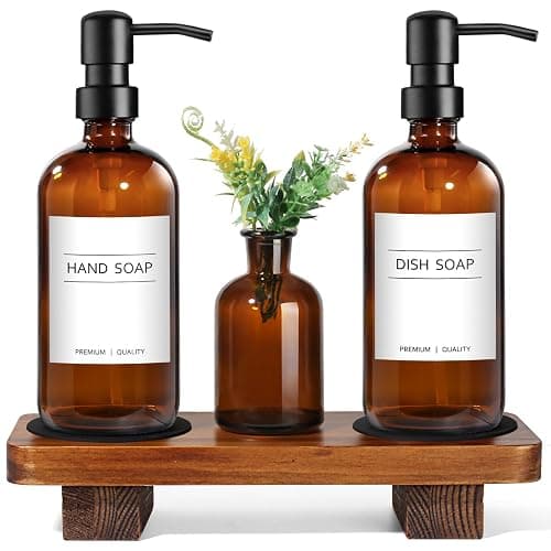 Kitchen Soap Dispenser Set with Wood Riser Tray, Amber Glass Soap Dispenser with Stainless Steel Pump, Hand and Dish Soap Dispenser Set for Kitchen, Soap and Lotion Dispenser Bathroom Decor(Amber) - Image 1
