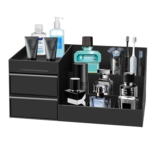 Novalunae Mens Bathroom Organizer with Drawer, Black Cologne and Perfume Display Stand with Storage Shelf for Vanity, Bathroom Counter, Shaving Supplies, Skin Care, Cologne Organizer for Men - Image 1