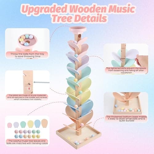 Wooden Marble Run Ball Drop Montessori Toy for 4-8 Boys Girls (Height: 28") | Wood Music Tree Marble Ball Run Game 3-5 8-12 Years Old Learning Color Sorting Sensory Toys Birthday Gift thumbnail 4