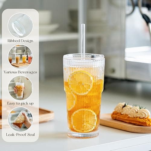 KEMORELA 2-Pack 20 oz Ribbed Glass Tumblers with Lids and Glass Straws – Vintage Iced Coffee Cups, Reusable Smoothie & Cocktail Drinking Glasses, Clear Glassware for Home or Cafe thumbnail 5