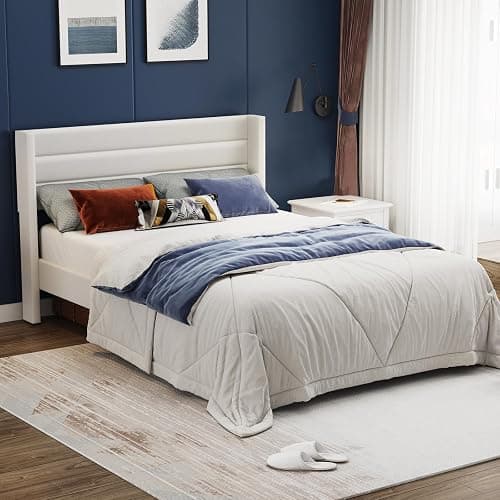 Casaottima Queen Bed Frame Upholstered Platform Bed with Wingback Headboard, Wooden Slats Support, Noise-Free Mattress Foundation, No Box Spring Needed, Easy Assembly, Horizontal Stripe Cream White - Image 1