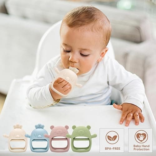 Cseece 2 Pack Teething Toys for Babies, Baby Teething Toys Teething Relief Mitten, Silicone Teether for Baby, Toddler Infant Hand Essentials Chew Toys for Sucking Needs (White/Pink) thumbnail 7
