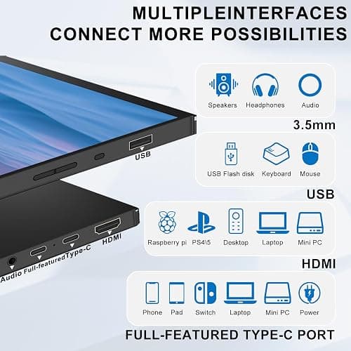 IBW 15.6" Portable Monitor Touchscreen, 1080P FHD IPS USB-C Travel Monitor | Tempered Glass, 10-Point Touch, Dual Speakers, Kickstand, HDMI, External Monitor for Laptop MacBook Phone PS5 Switch Xbox thumbnail 8