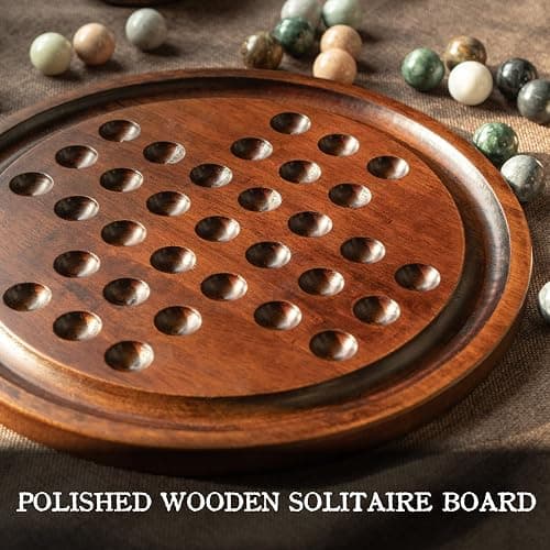 Lingle Deluxe Solitaire Game Set: 12.6'' Solid Wooden Board, 32 Natural Marble Balls, Single-Player Strategy and Smart Games thumbnail 2