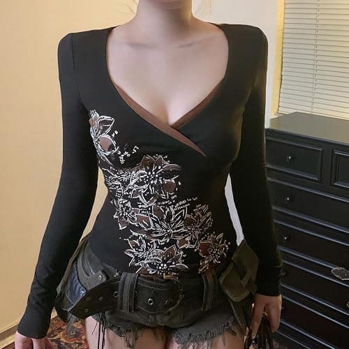 Y2k V Neck Floral Tops Women Fairy Grunge Vintage Long Sleeve Top 2000s Emo Graphic Cute Teen Girls Clothe thumbnail 5