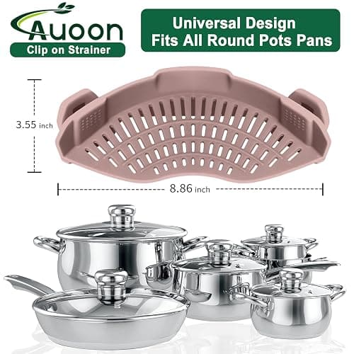 AUOON Clip on Strainer for Pots and Pans - Silicone Food Strainer for Draining Pasta, Spaghetti, Noodles, Fruits, Vegetables, Grease, Ground Beef (Almond Rose) thumbnail 2