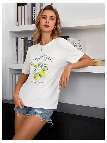SweatyRocks Women's Lemon Shirts Letter Fruit Printed Graphic Tees Short Sleeve Casual T-Shirt thumbnail 3