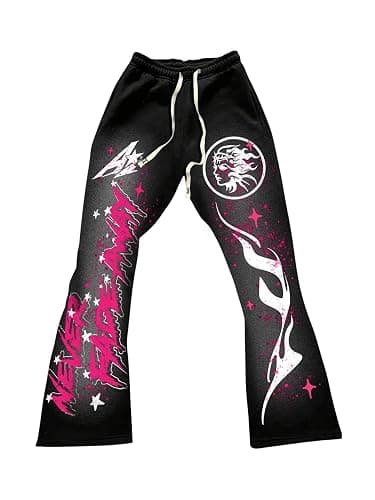 WDIRARA Men's Y2k Graphic Letter Print Stacked Sweatpants Drawstring Bell Bottom Flare Pants with Pockets - Image 1