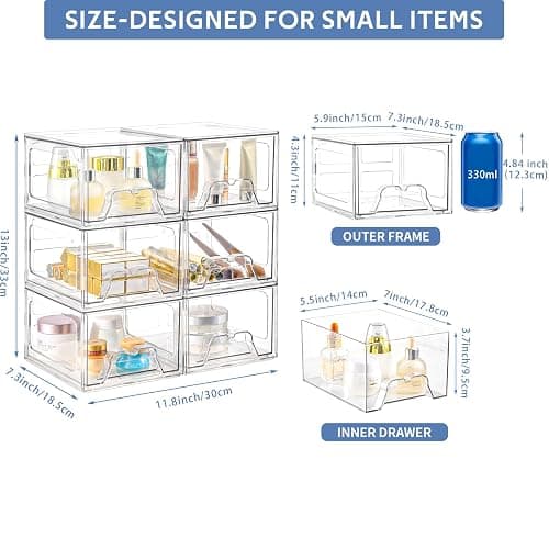 Plastic Drawers Storage, 6 Pack Clear Stackable Storage Drawers, Acrylic Storage Bins with Drawers for Fridge Organizers, Small PlasticDrawers Stackable for Makeup Organizers Cosmetic Display thumbnail 3