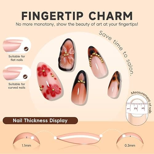 HOSAILY Medium Almond 3D Brown Gold Flower Press on Nails-‎ Tortoiseshell Leopard French Tip Blossom Gradient Design,24Pcs Handmade Fall/Autumn/New Year Glue on Acrylic Fake Nail Press ons for Women thumbnail 2