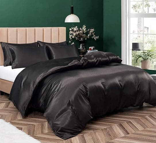 P Pothuiny 5 Pieces Satin Duvet Cover Full/Queen Size Set, Luxury Silky Like Black Duvet Cover Bedding Set with Zipper Closure, 1 Duvet Cover + 4 Pillow Cases (No Comforter) - Image 1