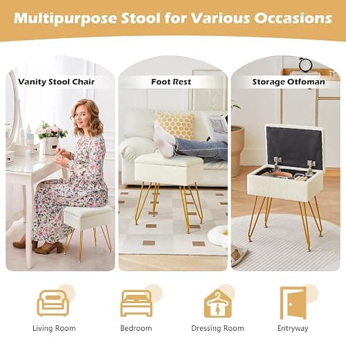 Alessing Vanity Stool Chair Ottoman with Storage, Sherpa Vanity Chair for Makeup Room, Rectangle Vanity Stools with Metal Legs, Soft Makeup Stool Footrest Footstools for Bedroom Living Room, White thumbnail 7
