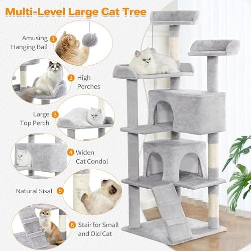 Made4Pets Cat Tree 54in Cat Tower for Indoor Cats Kitten Tree Multi-Level Cat Tree with 2 Condo Furniture Activity Center with Scratching Posts Funny Toys Kittens Pet Play House, Light Grey thumbnail 2