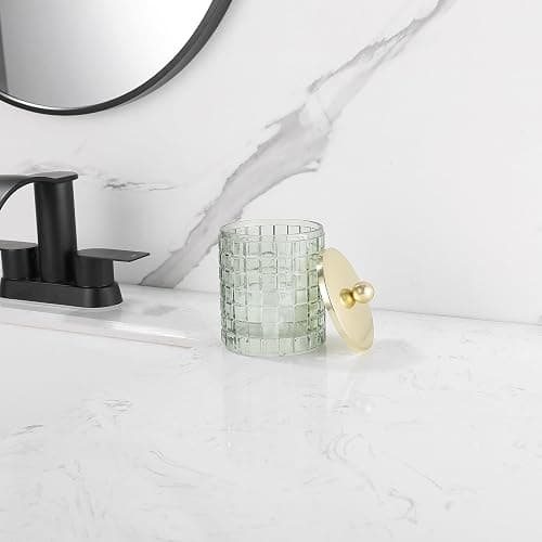 Indecor Home Sage Colored Tranlucent Apothecary Etched Geometric Grid Glass Jar W/Gold Metal Lid Cover for Bathroom Organization, Cotton Balls, Q Tips, and Small Accessories, Bathroom Storage thumbnail 9