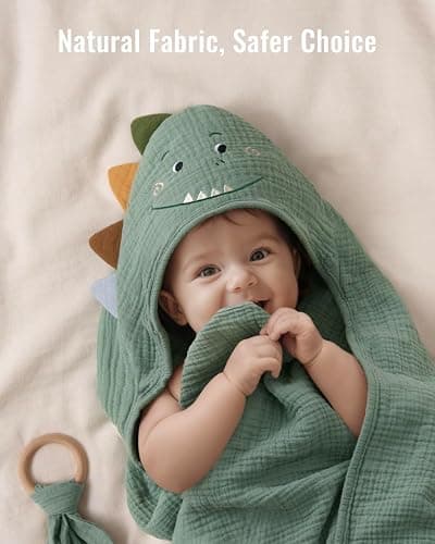 Blissful Diary Muslin Baby Hooded Towel, Soft and Absorbent Bath Towel for Newborn, Infant, Toddler, Unisex, 32″x32″ - Roguish Dino thumbnail 4