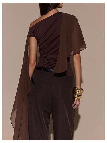 BEAUDRM Women's Ruched Cape One Shoulder T Shirts Short Sleeve Asymmetrical Neck Fitted Crop Top thumbnail 2