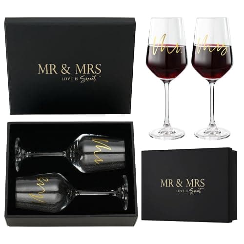 AW BRIDAL Mr and Mrs Wine Glasses Set of 2 for Engagement Bridal Shower, Wedding Gifts for Newlywed Couples 2026, Personalized Anniversary Wine Glass Gift Basket for Bride Groom and Fiance Fiancee - Image 1