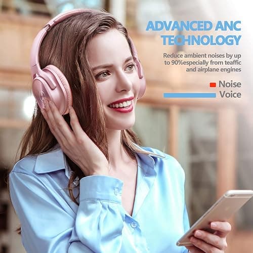 ZIHNIC Active Noise Cancelling Headphones, 40H Playtime Wireless Bluetooth Headset with Deep Bass Hi-Fi Stereo Sound,Comfortable Earpads for Travel/Home/Office (Rose Gold) thumbnail 4