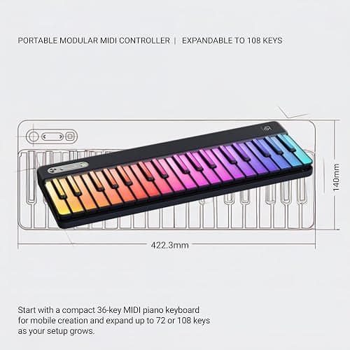 PartyKeys 36-Key Smart Piano, Portable Modular RGB MIDI Keyboard, Black | Portable RGB smart piano for guided play, music games and custom tools; connect by Bluetooth MIDI, USB-C or PartyStudio thumbnail 2