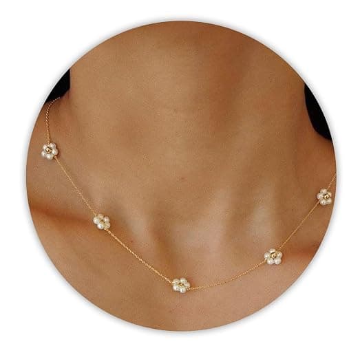 SmileBelle Pearl Necklaces for Women, Daisy Pearl Choker as Y Shaped Pearls Jewelry Gold Heart Necklace for Christmas Teen Gifts Trendy Stuff Birthday Gifts White Baroque Necklace as Wedding Jewelry - Image 1