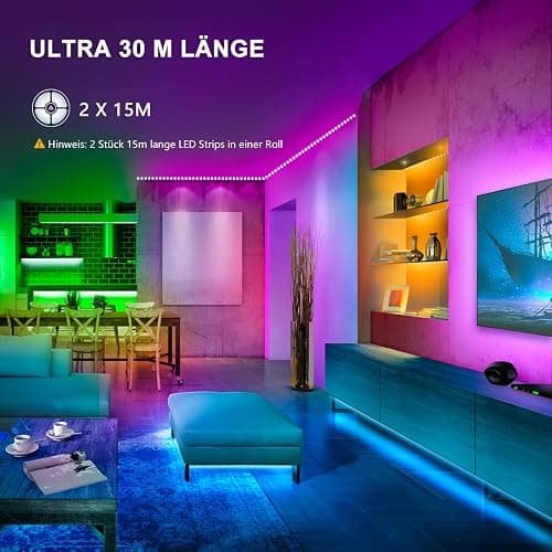 LED Strip 30m,Bluetooth RGB LED Streifen Farbwechsel LED Lichterkette 30M mit App Steuerung und Fernbedienung,Musik Sync,LED Band für Schlafzimmer Zuhause Schrankdek thumbnail 2