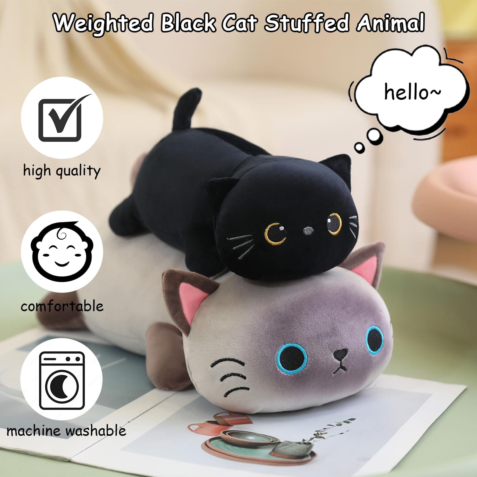 SQEQE Weighted Black Cat Plush, Weighted Black Cat Stuffed Animal, Cute Plushies Soft Pillow Toy Present for Kids Adults 35 CM, 0.7 KG thumbnail 2